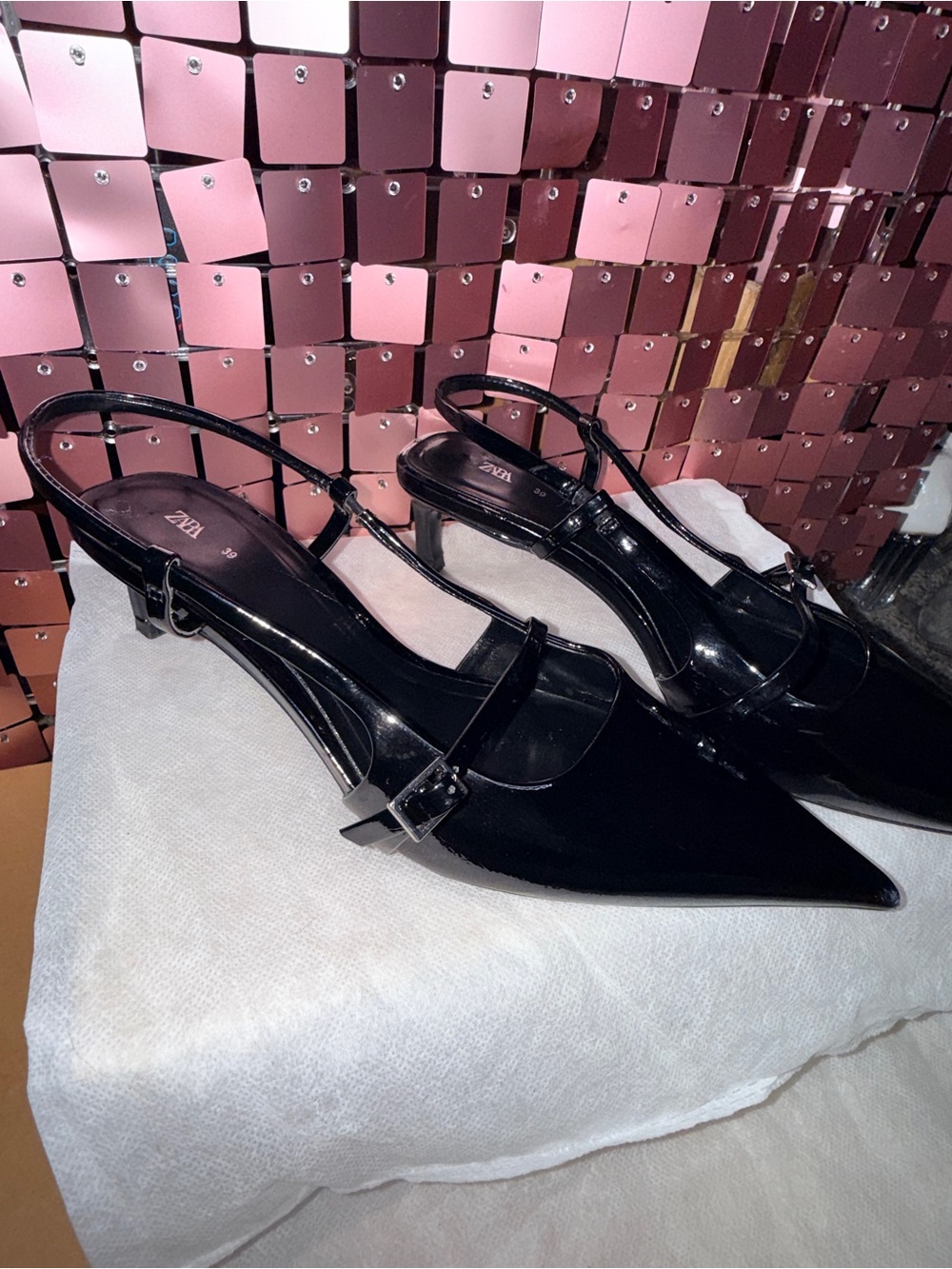 Zara Black Pointed Slingback Heels with Buckle Strap